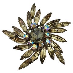 Vintage silver smokey rhinestones designer brooch
