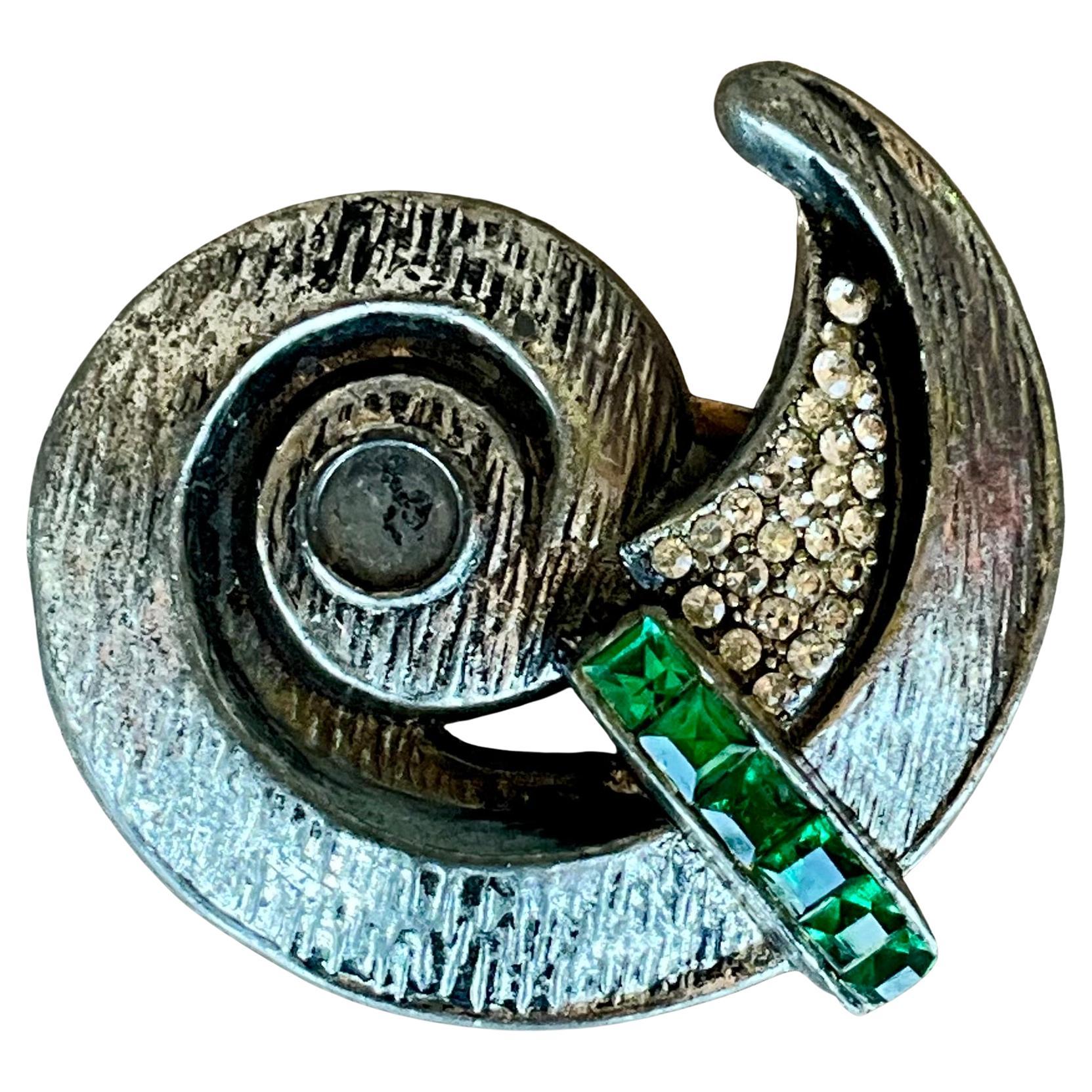 Broche spiralée en argent vintage avec détails verts