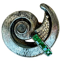 Vintage Silver Spiral Brooch with Green Detail