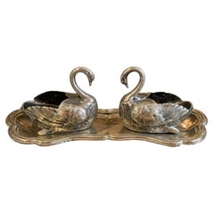 Vintage Silver Swan Salt & Pepper Set with Tray – Elegant Collectible Tableware