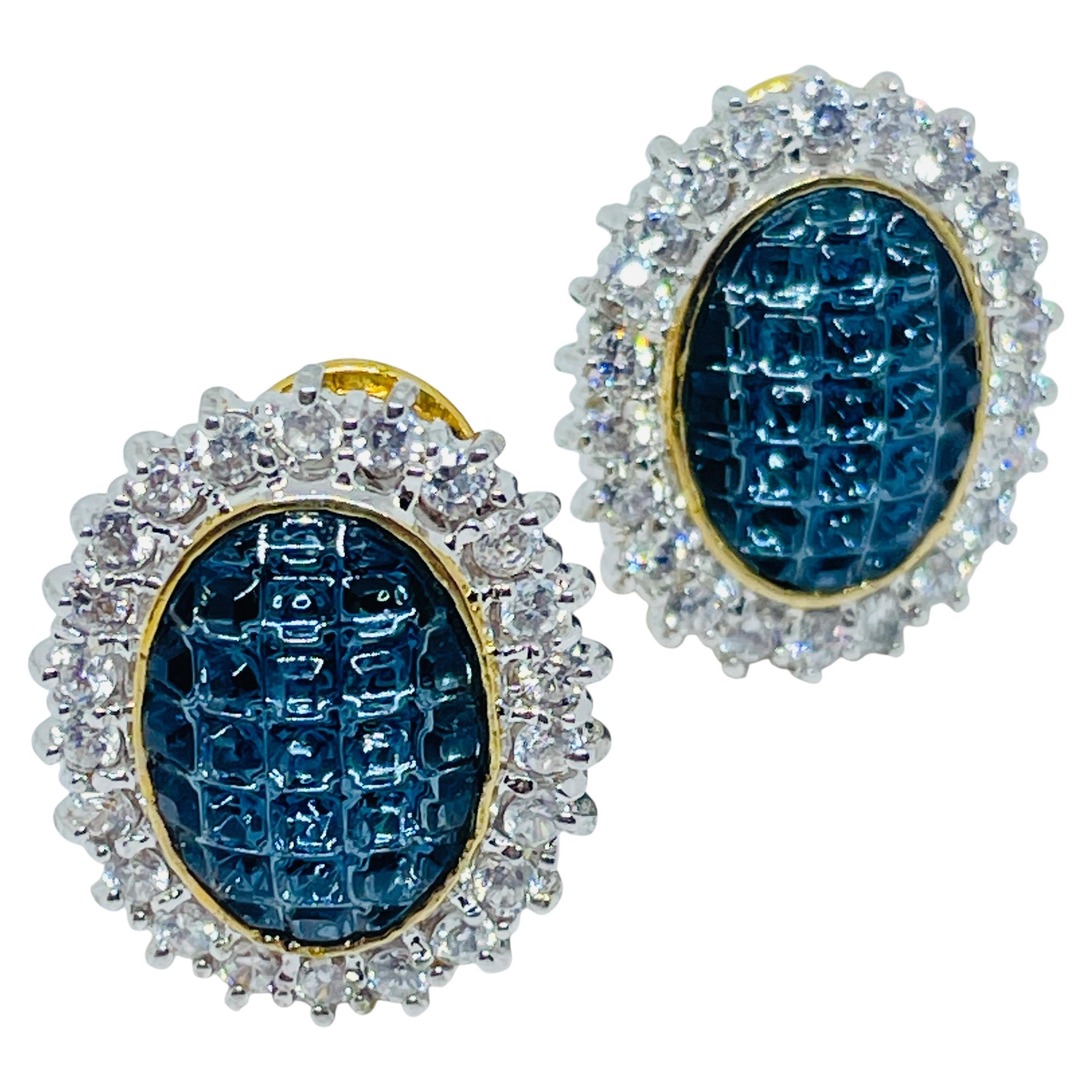 Vintage silver tone 18k gold plated sapphire blue glass pierced earrings