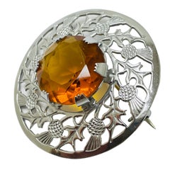 Vintage silver tone amber glass designer brooch
