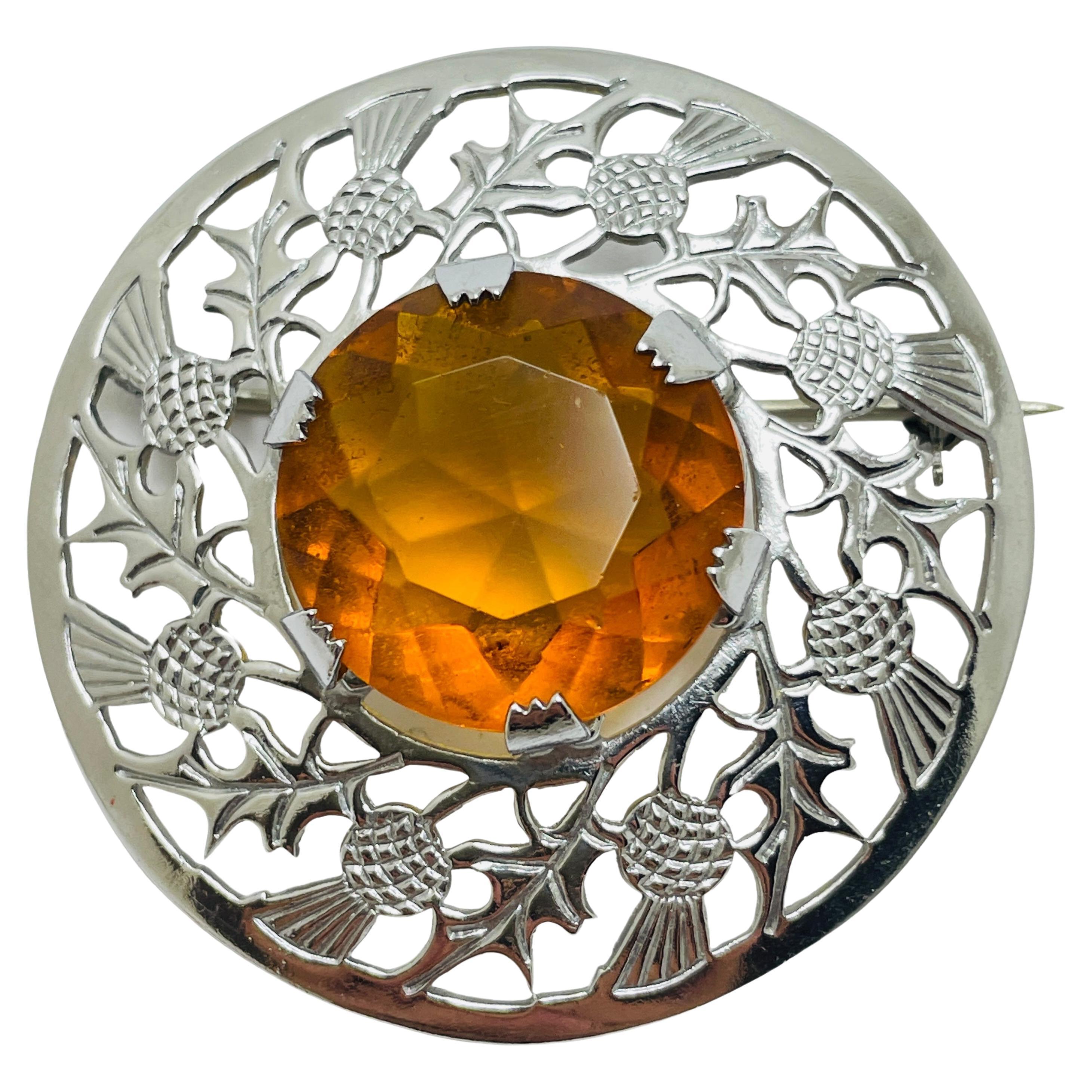 Vintage silver tone amber glass designer brooch