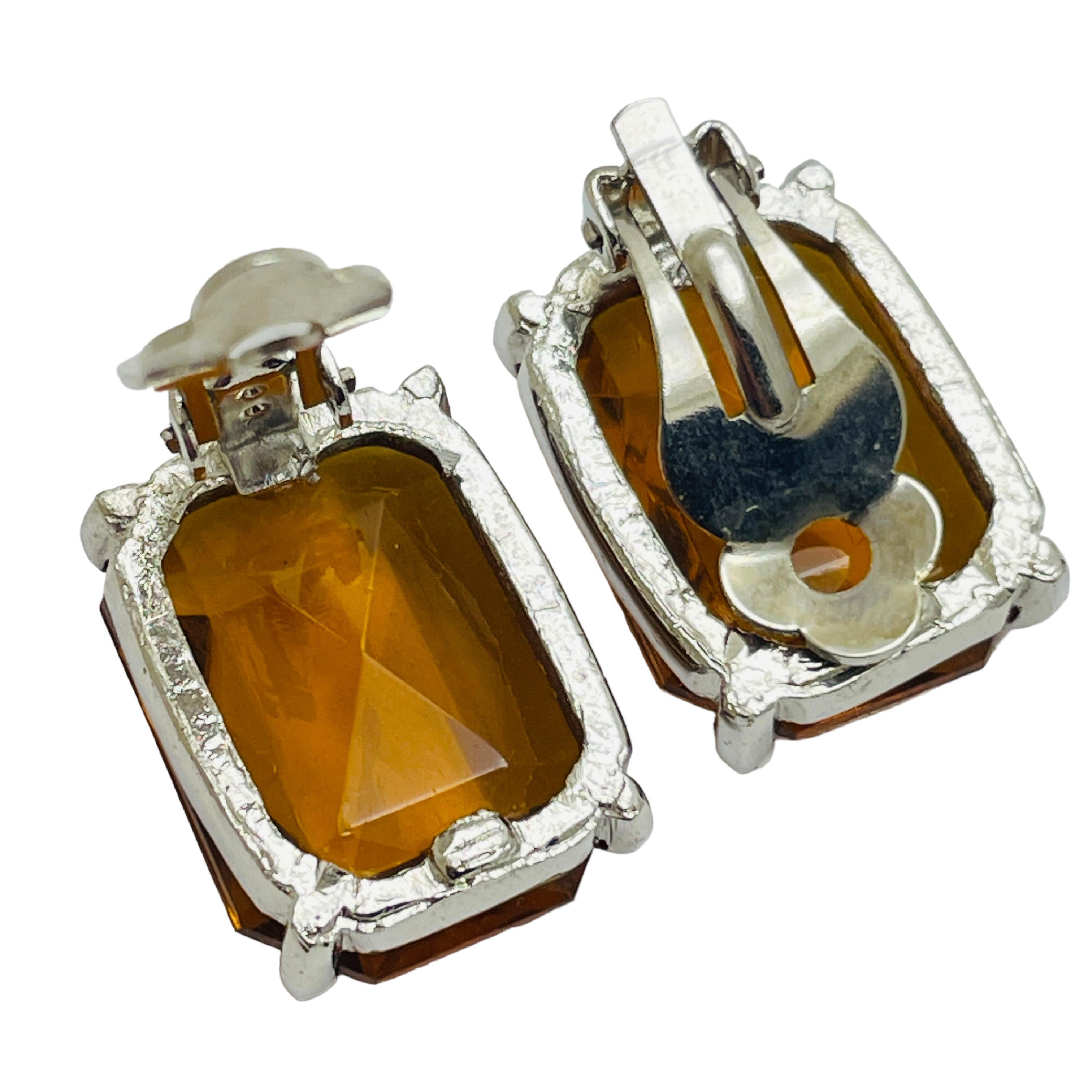 Pendientes de clip de diseño vintage de cristal ámbar en tono plateado en Bueno estado para la venta en Palos Hills, IL