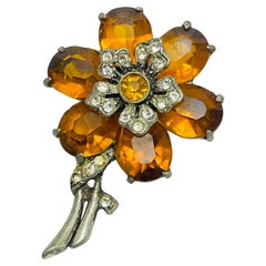 Bernsteinfarbene Vintage-Glasblumen-Brosche in Silber