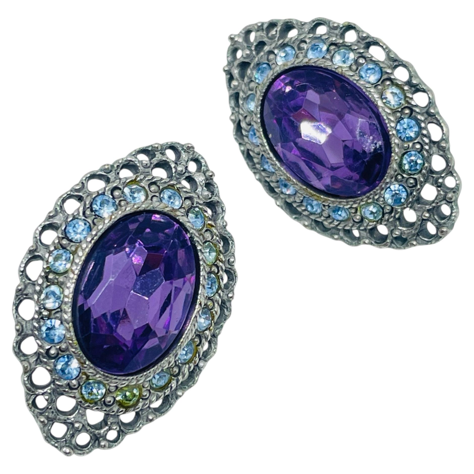 Vintage silver tone amethyst lass blue rhinestones designer pierced earrings