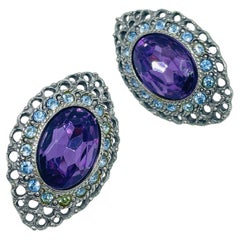 Orecchini a buco di design vintage in argento con ametista e strass blu