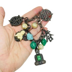 Vintage silver tone Asian Buddha faux jade charms chain designer bracelet