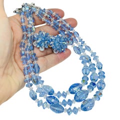 Vintage silver tone aurora blue crystals beaded designer necklace earrings set