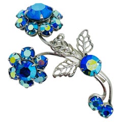 Vintage silver tone aurora blue rhinestones flower designer brooch