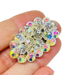Vintage silver tone aurora borealis crystal beaded cluster designer brooch