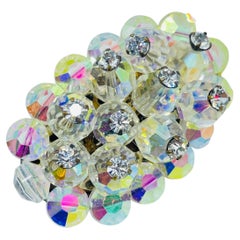 Vintage silver tone aurora borealis crystal beaded cluster designer brooch