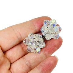 Vintage silver tone aurora borealis crystal glass beaded cluster clip earrings