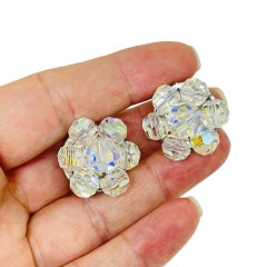 Vintage silver tone aurora borealis crystal glass beaded cluster clip earrings