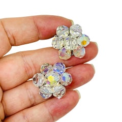 Vintage silver tone aurora borealis crystal glass beaded cluster clip earrings