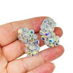 Vintage silver tone aurora borealis crystal glass beaded cluster clip earrings