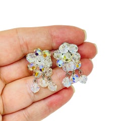 Vintage silver tone aurora borealis crystal glass beaded cluster clip earrings