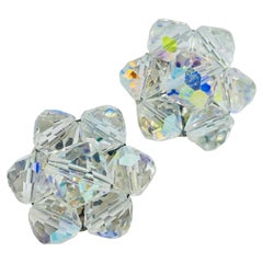 Vintage silver tone aurora borealis crystal glass beaded cluster clip earrings