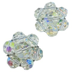 Vintage silver tone aurora borealis crystal glass beaded cluster clip earrings