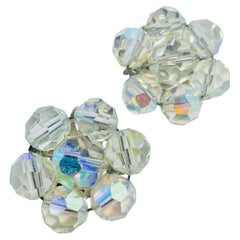 Vintage silver tone aurora borealis crystal glass beaded cluster clip earrings