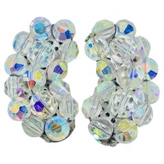 Vintage silver tone aurora borealis crystal glass beaded cluster clip earrings