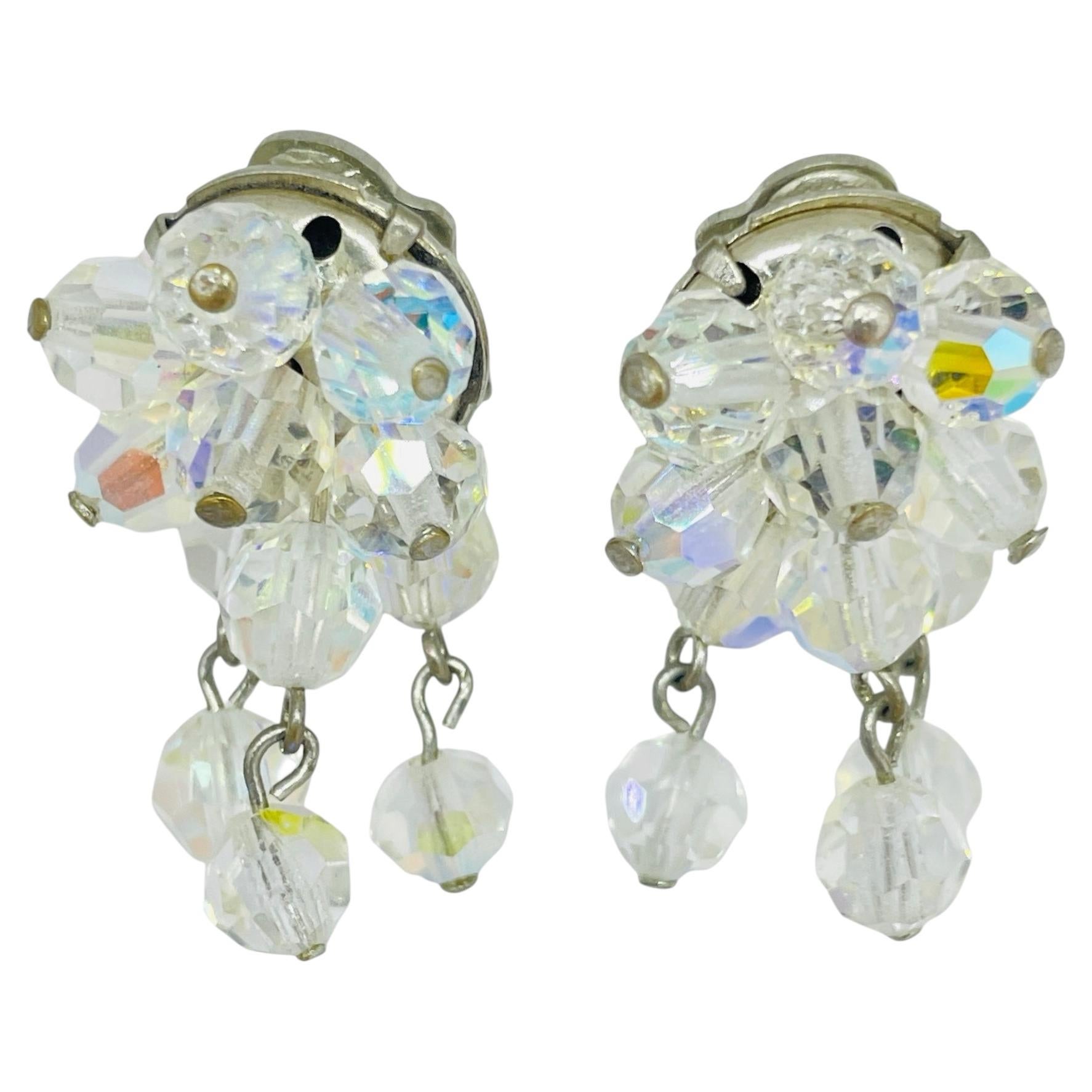 Vintage silver tone aurora borealis crystal glass beaded cluster clip earrings For Sale