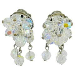 Vintage silver tone aurora borealis crystal glass beaded cluster clip earrings