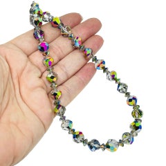 Vintage silver tone aurora borealis faceted crystal beads designer necklace