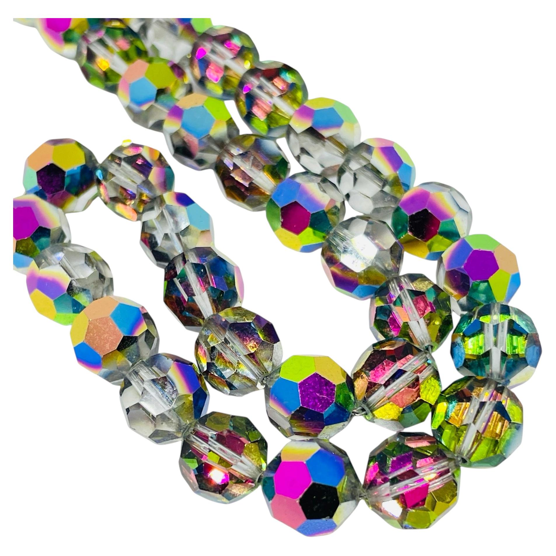 Vintage silver tone aurora borealis faceted crystal beads designer necklace