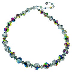 Vintage silver tone aurora borealis faceted crystal beads designer necklace