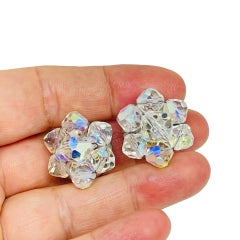 Vintage silver tone aurora crystal beaded cluster designer clip on earrings