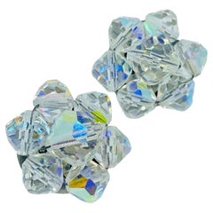 Vintage silver tone aurora crystal beaded cluster designer clip on earrings