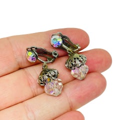 Vintage silver tone aurora crystals dangle designer clip on earrings