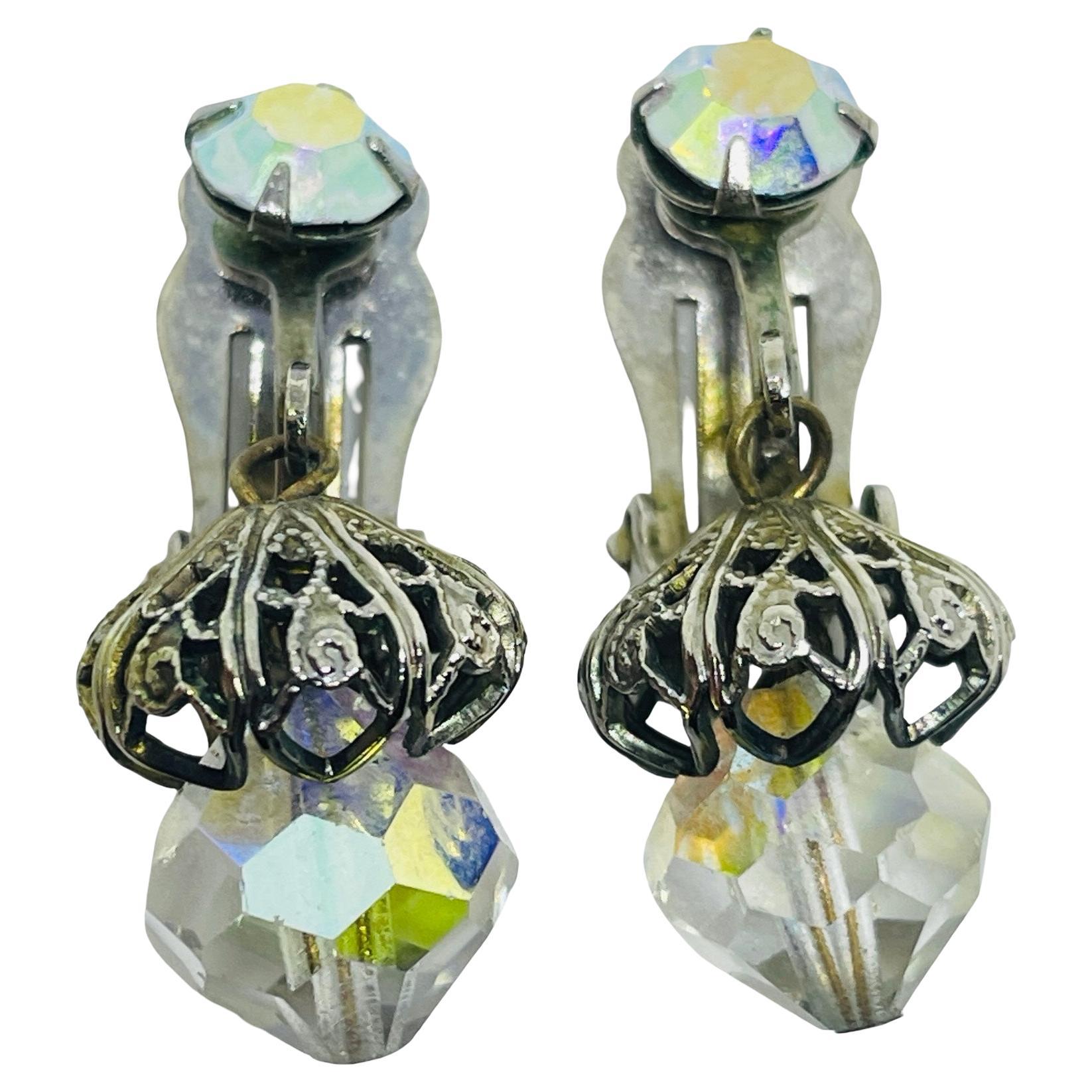 Vintage silver tone aurora crystals dangle designer clip on earrings For Sale