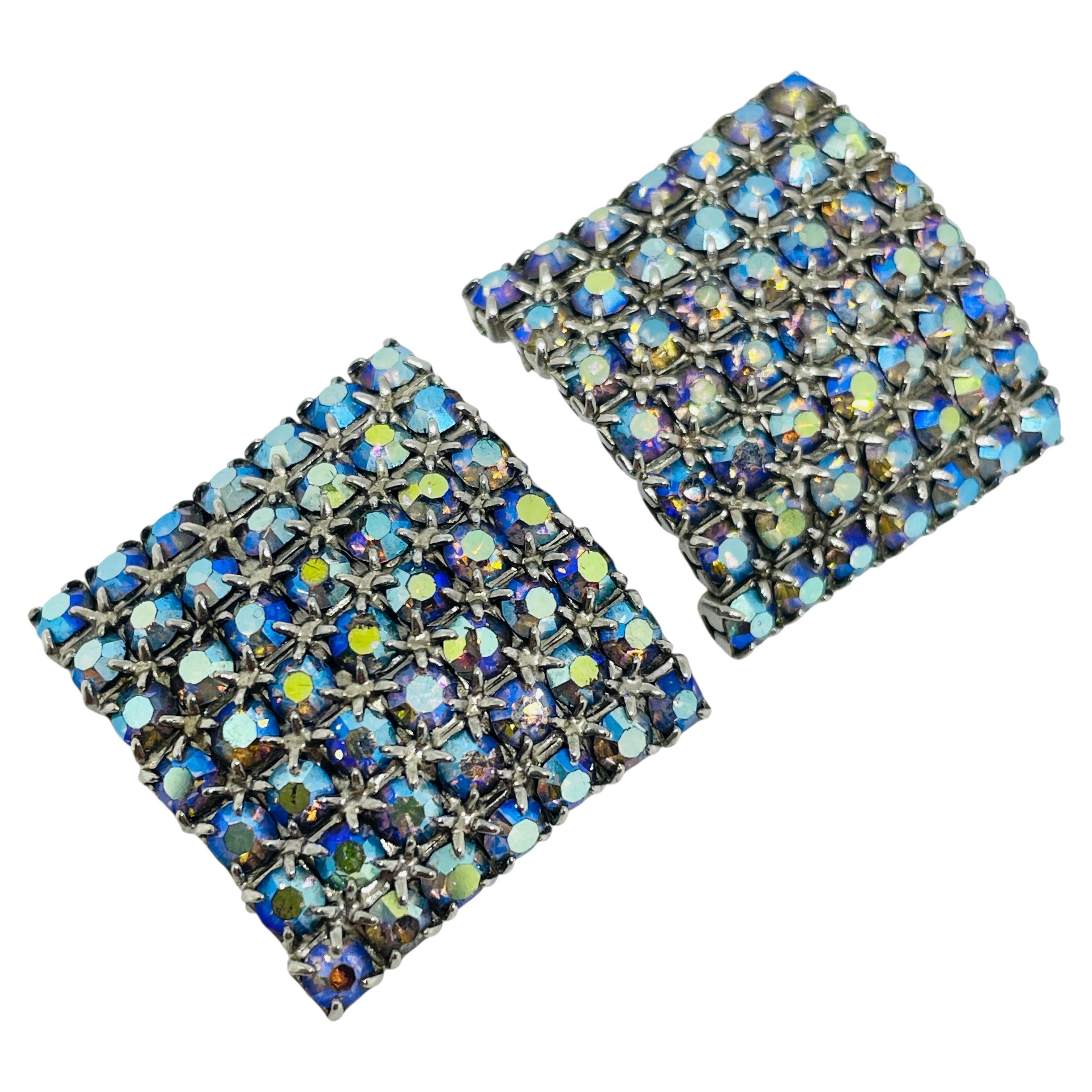 Vintage silver tone aurora rhinestones designer clip on earrings For Sale