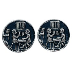 Vintage silver tone black enamel unisex designer cufflinks