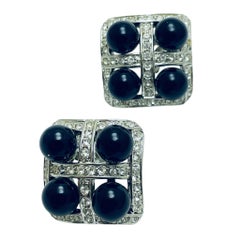 Vintage silver tone black lucite beads rhinestone designer clip on earrings