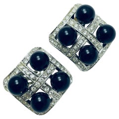 Vintage silver tone black lucite beads rhinestone designer clip on earrings