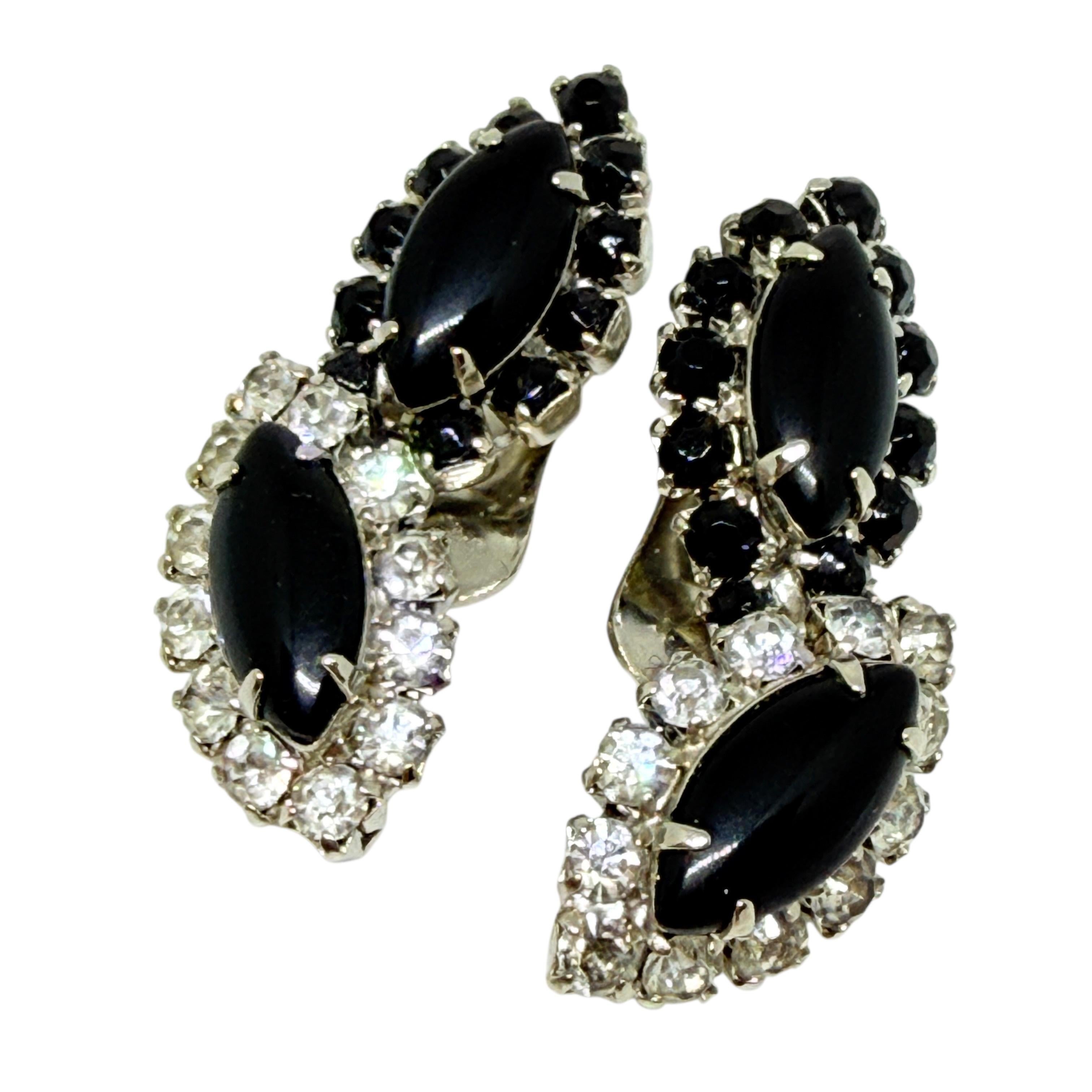 Vintage Silber Ton schwarz Navette Glas Steine Designer Clip auf Ohrringe für Damen oder Herren im Angebot