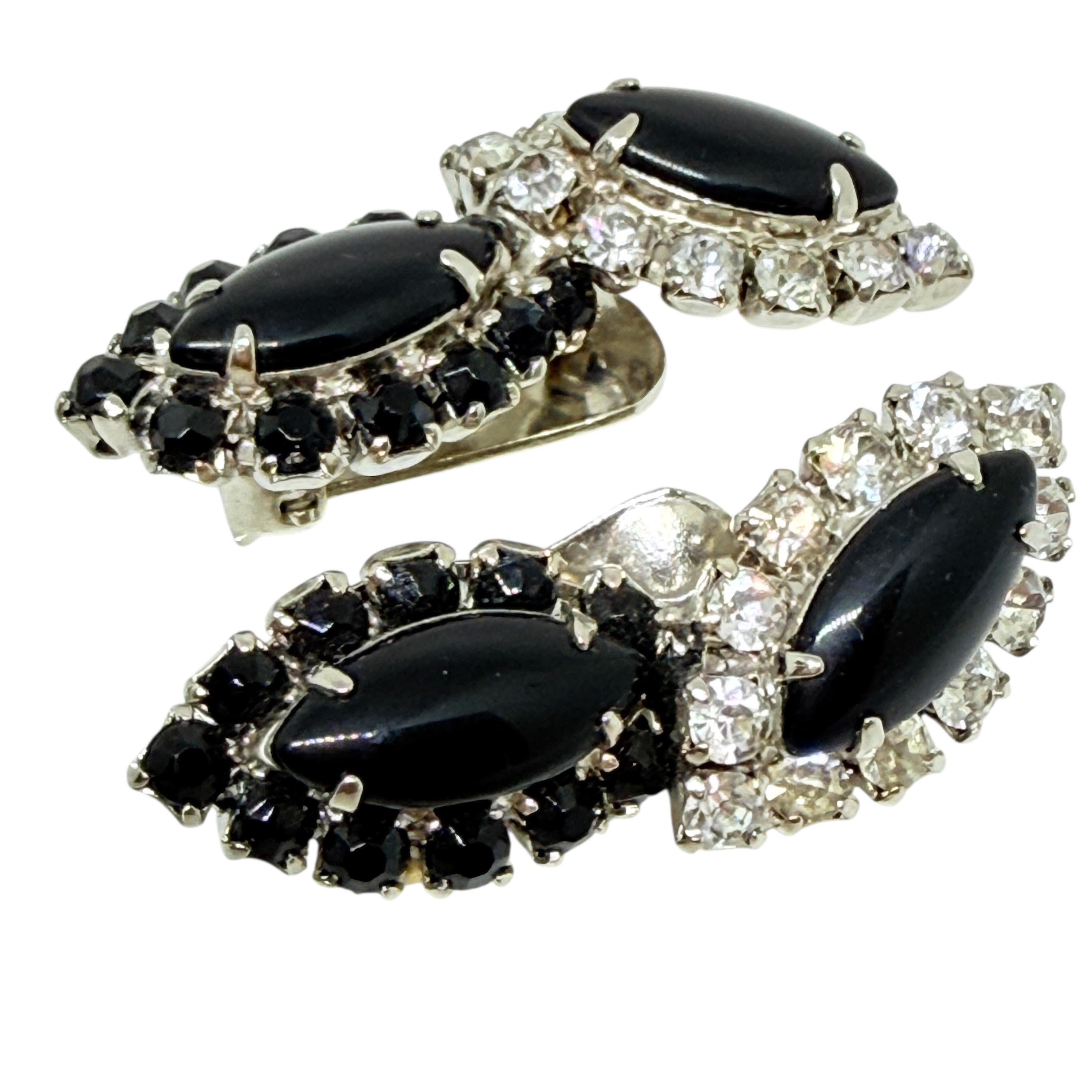 Vintage Silber Ton schwarz Navette Glas Steine Designer Clip auf Ohrringe im Angebot 1