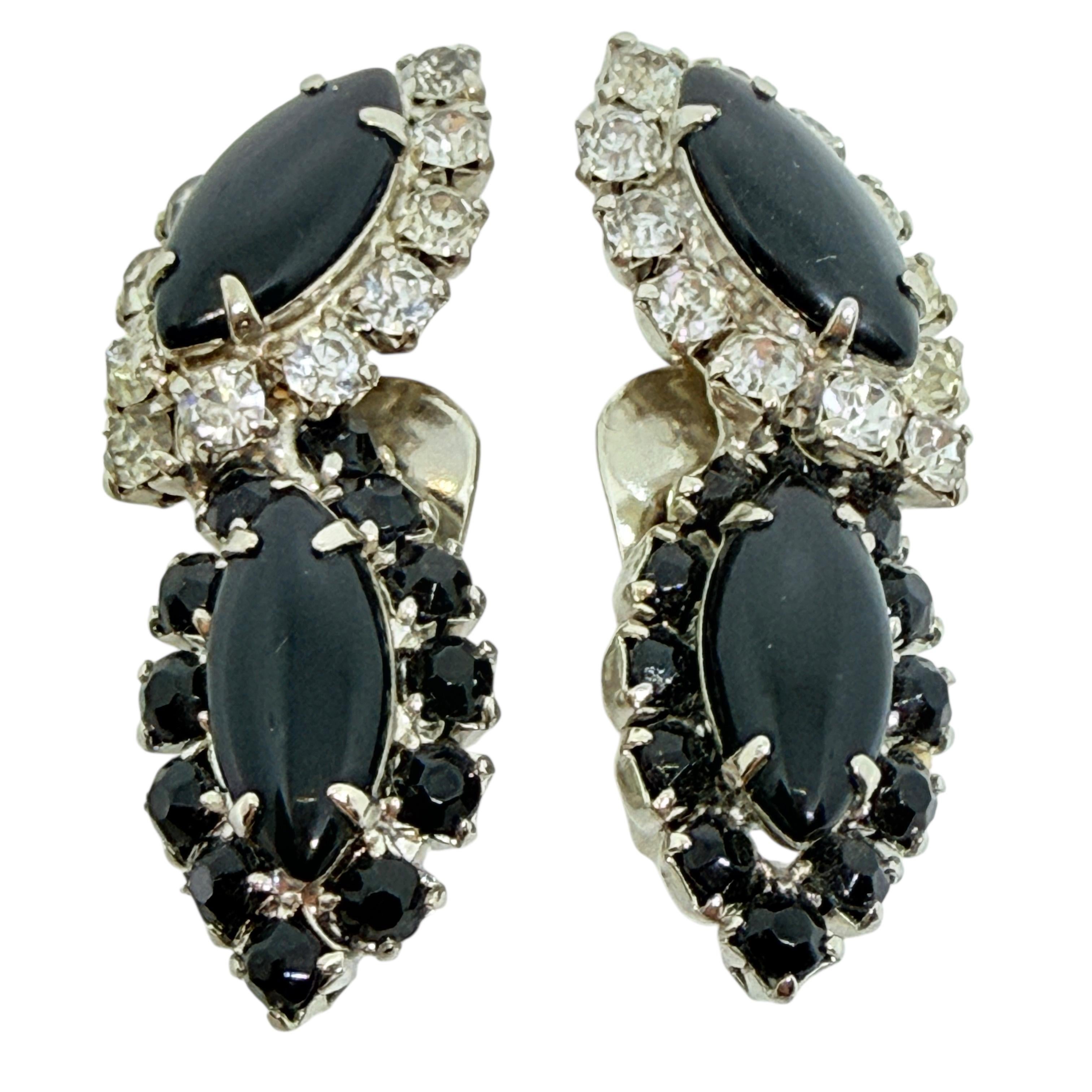 Vintage Silber Ton schwarz Navette Glas Steine Designer Clip auf Ohrringe im Angebot 2