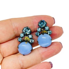 Vintage silver tone blue glass clip on earrings