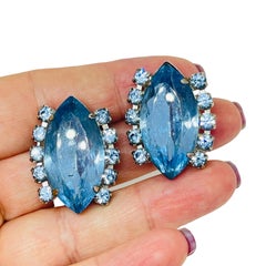 Vintage silver tone blue glass clip on earrings