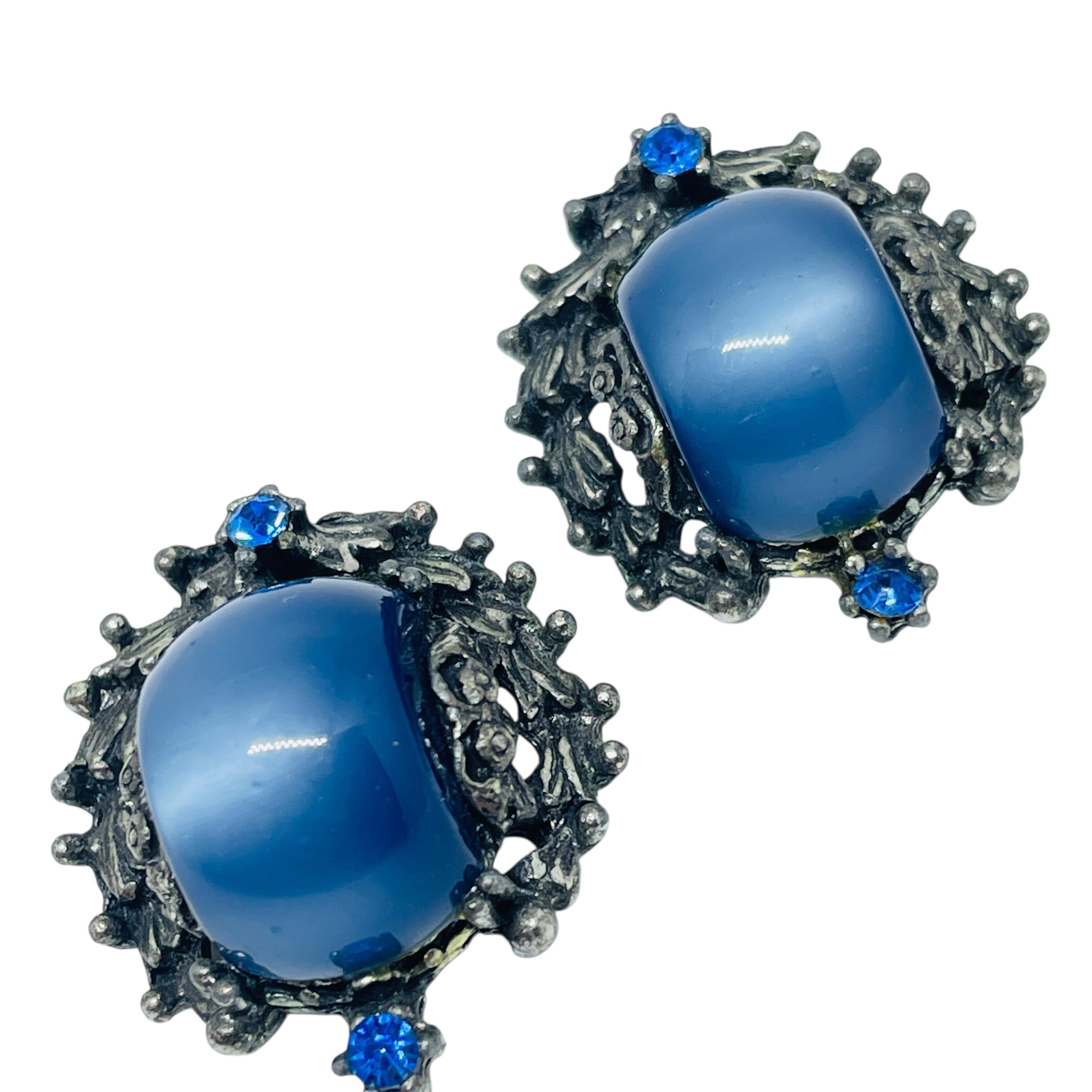 Femenino o masculino Pendientes vintage de clip de cristal azul en tono plateado en venta