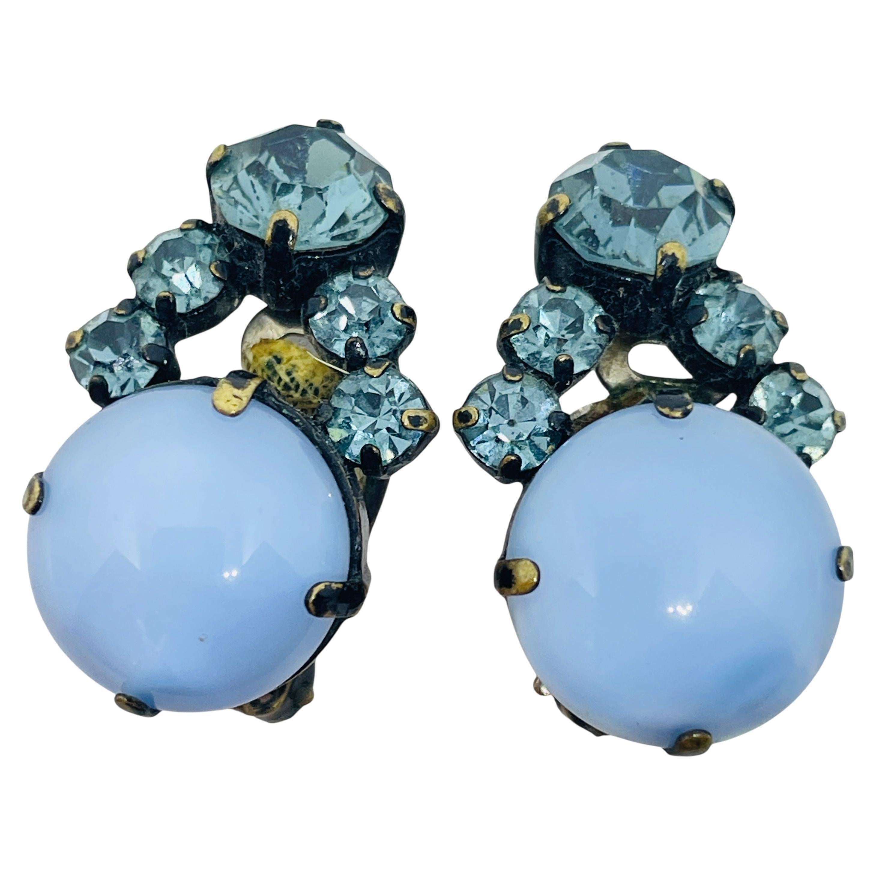 Vintage silver tone blue glass clip on earrings