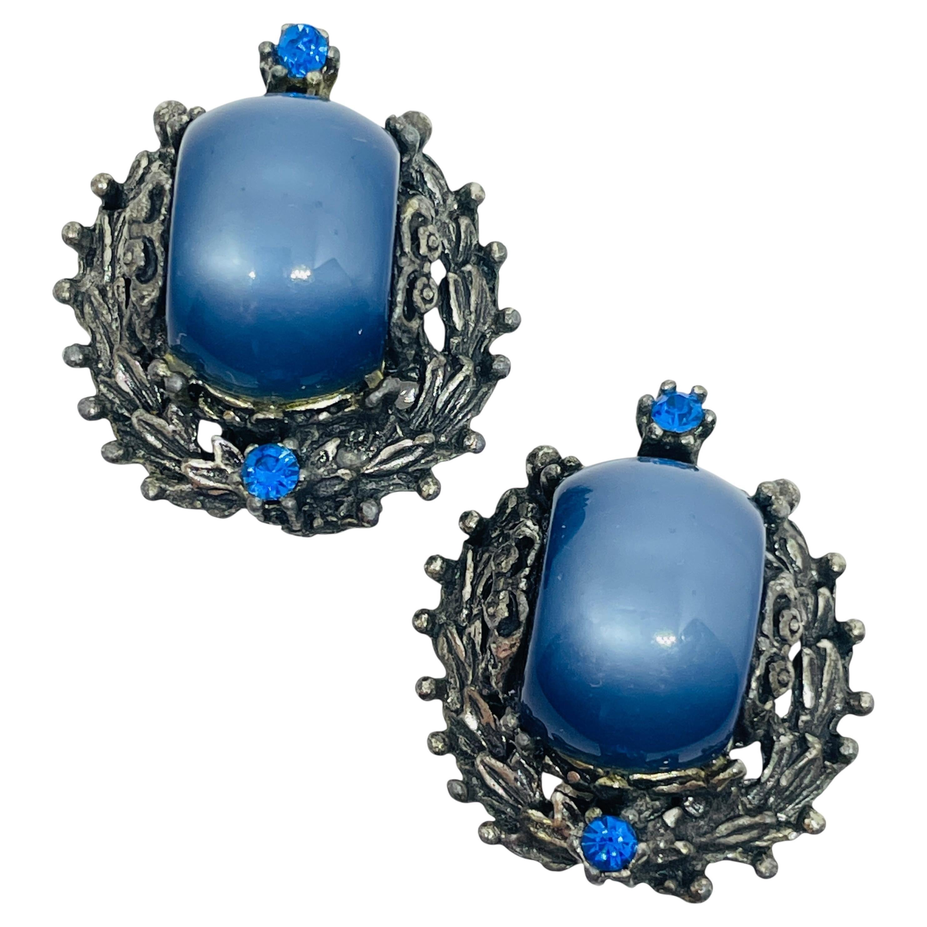 Orecchini a clip in vetro blu argentato d
epoca