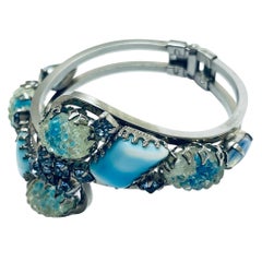 Vintage silver tone blue glass designer clamper bracelet