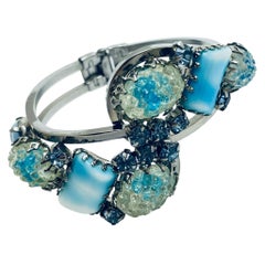 Vintage silver tone blue glass designer clamper bracelet