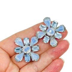 Vintage silver tone blue glass Maltese cross designer clip on earrings