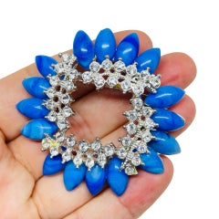 Vintage silver tone blue glass rhinestones designer brooch
